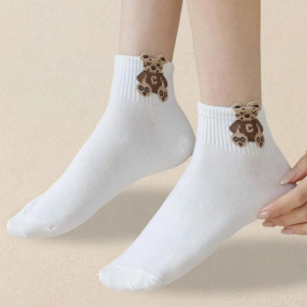 5 Pairs Women's Cartoon Teddy Bear Patterned Ankle Socks