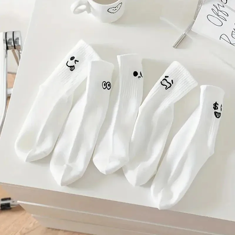 5/10 Pairs Women Cartoon Socks Round Mid Tube Fashionable Cute Expression Pattern Socks Casual Breathable Autumn Girls Socks