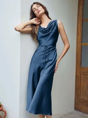 Elegant 100% Silk Cowl Neck Sleeveless One Piece Dress With Belts