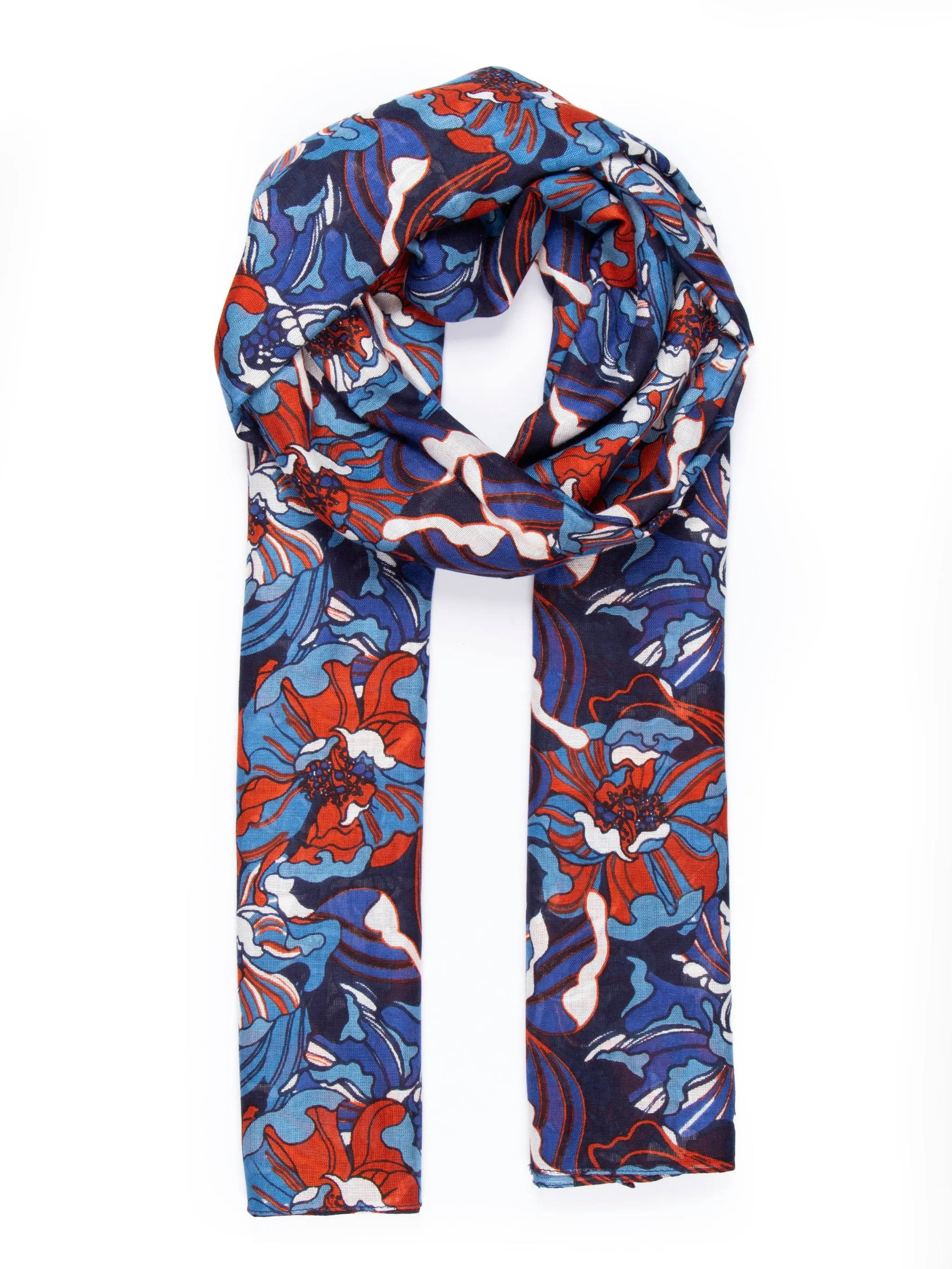 Kenna Lightweight Scarf - Blue/Coral, Hydrangea Floral