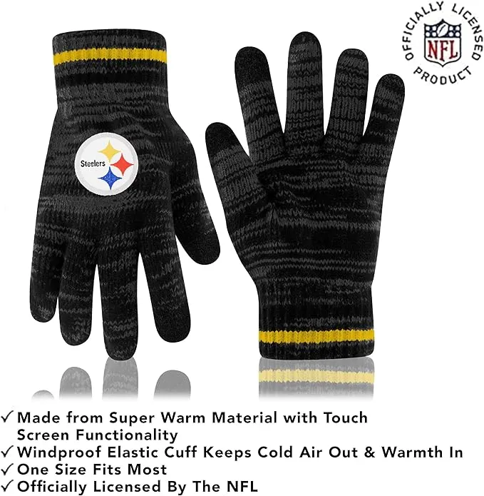 NFL Official Super Soft Marl Knit Winter Beanie Knit Hat with Extra Warm Touch Screen Gloves|Pittsburgh Steelers