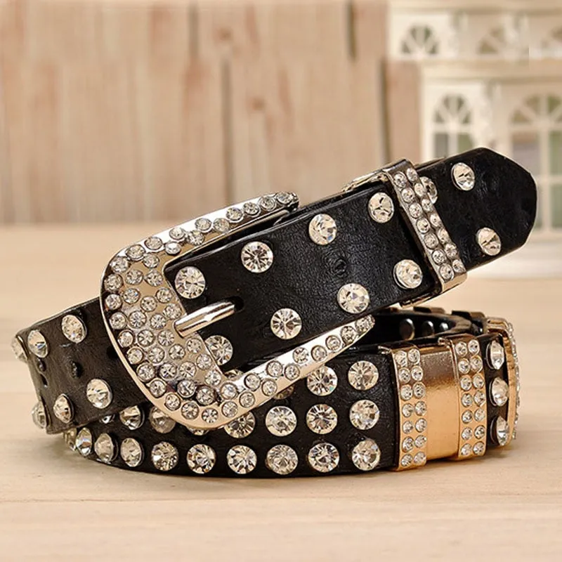 Rhinestone Belts For Women Leather Belt Metal Pin Woman Buckle Belt