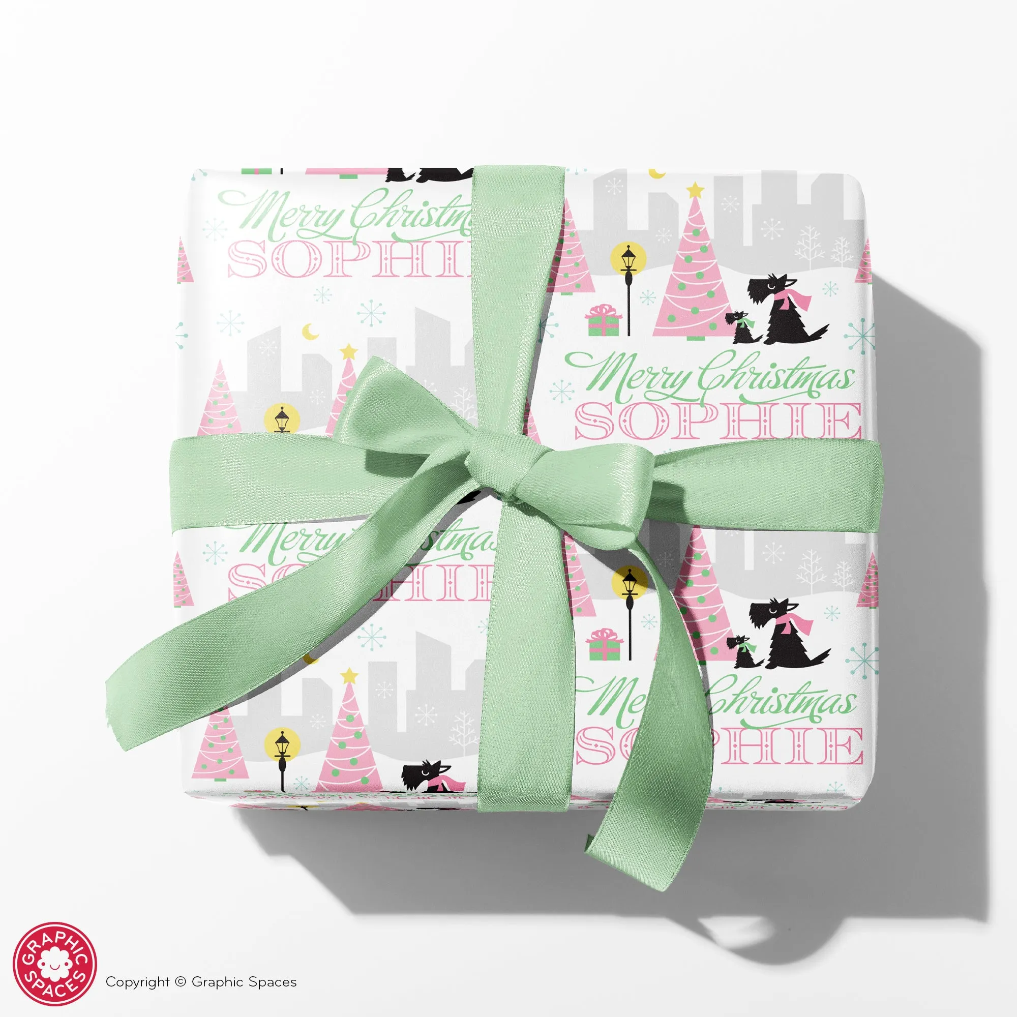 Scotties in the City Christmas Personalized Wrapping Paper - PINK