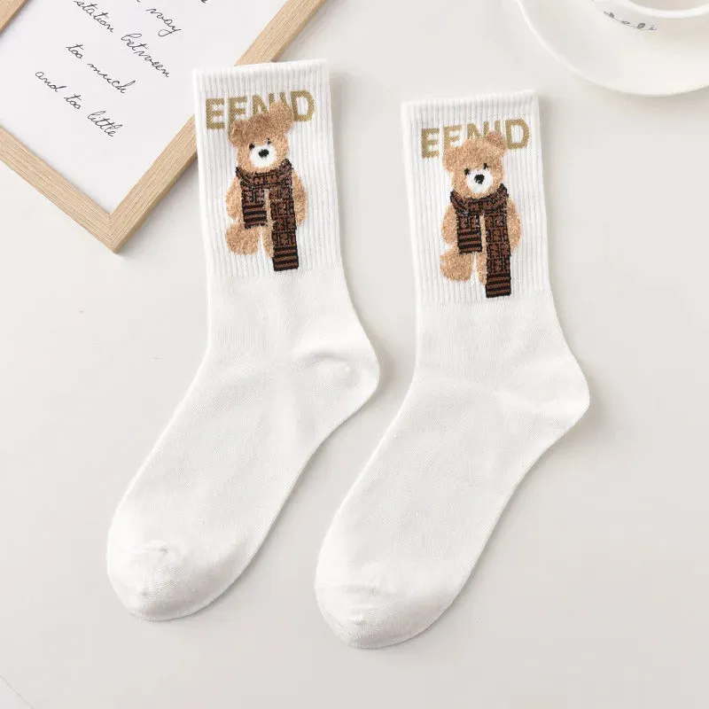 Spring Autumn Winter Cartoon Women'S Socks Cotton Mid-Tube Cute Bear Print Trend Short Socks Comfortable Breathable Sports Socks