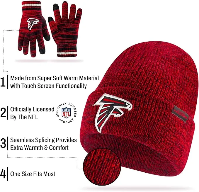 Ultra Game Adults Unisex NFL Official Super Soft Marl Knit Winter Beanie Knit Hat with Extra Warm Touch Screen Gloves|Atlanta Falcons