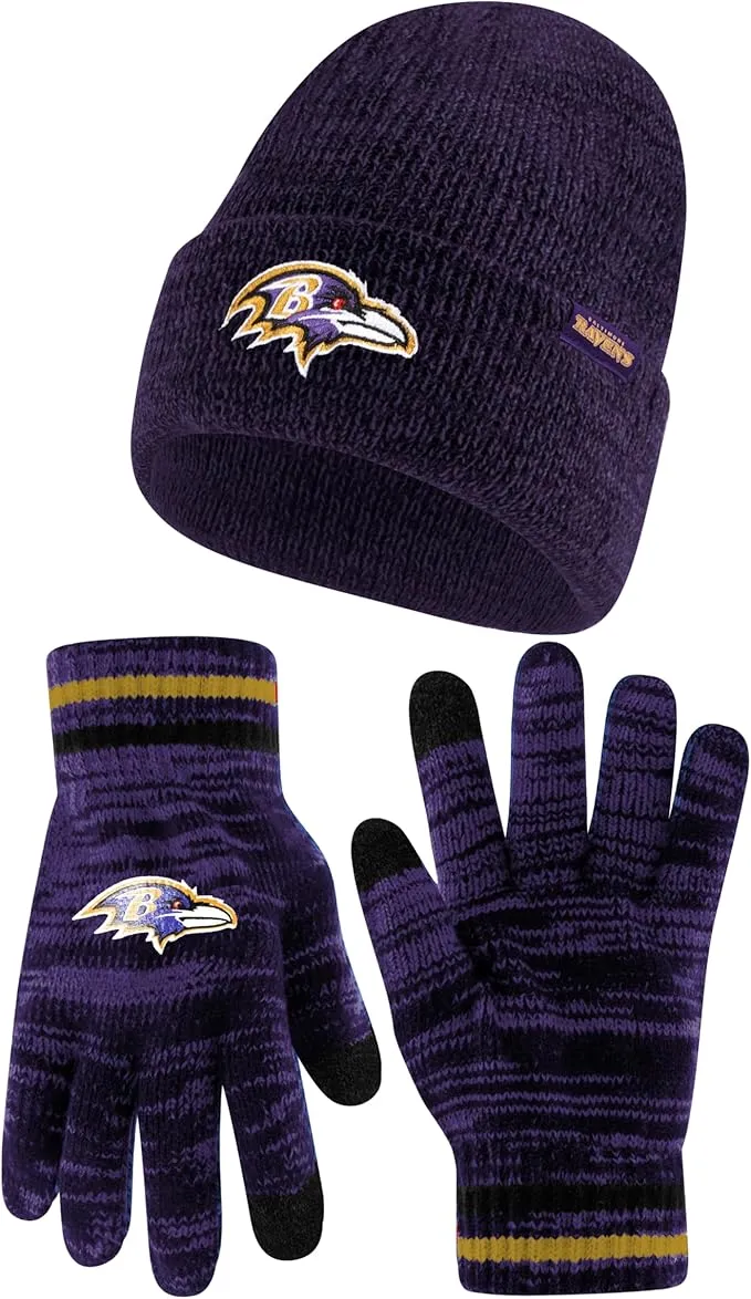 Ultra Game Adults Unisex NFL Official Super Soft Marl Knit Winter Beanie Knit Hat with Extra Warm Touch Screen Gloves|Baltimore Ravens