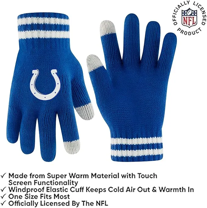 Ultra Game Youth NFL Official Super Soft Team Stripe Winter Beanie Knit Hat with Extra Warm Touch Screen Gloves|Indianapolis Colts